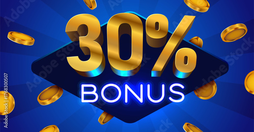 Golden 30 Bonus Promotion Design. Vibrant blue background with metallic numbers, neon text, and falling coins. Vector illustration.