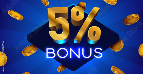 Golden 5 Bonus Promotion Design. Vibrant blue background with metallic numbers, neon text, and falling coins. Vector illustration.