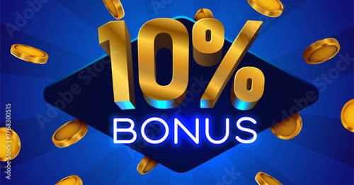 Golden 10 Bonus Promotion Design. Vibrant blue background with metallic numbers, neon text, and falling coins. Vector illustration.