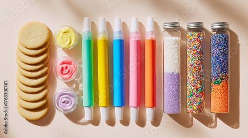 Colorful cookie decorating supplies arranged neatly on a pastel surface for a fun baking activity