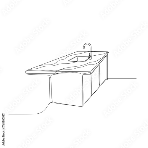 Marble kitchen island with sink line drawing on white background