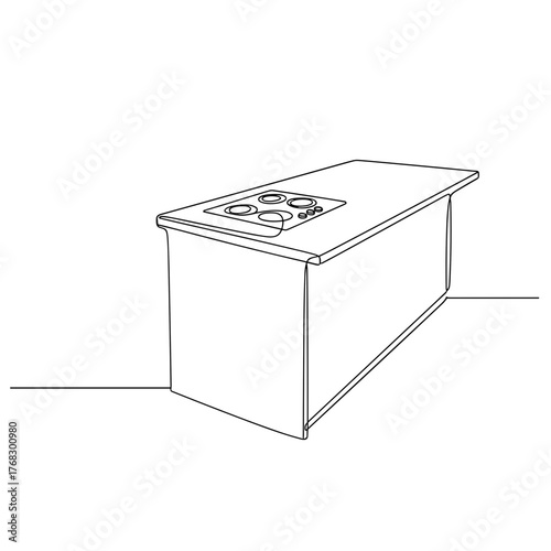 Kitchen island with built-in cooktop line drawing on white background