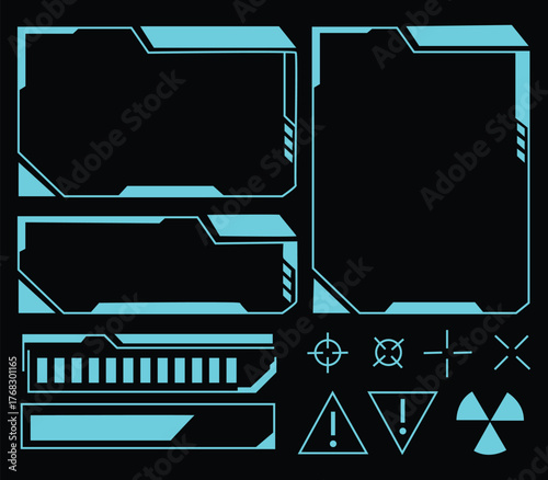 Hud frames blue user interface elements. design modern technology futuristic control panel screen. digital hologram window gaming menu touching cyber monitor. vector illustration.