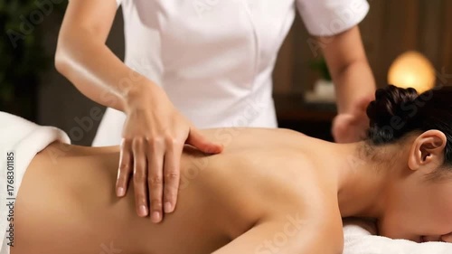 Woman Receiving Back Massage in Spa With Soft Lighting and Warm Atmosphere Featuring Therapist Hands Applying Pressure on Skin for Relaxation Therapy and Wellness Treatment Concept