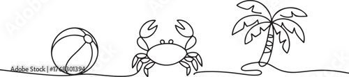 Continuous Line Beach Vector  One Line Drawing of Palm Tree, Crab, and Ball
