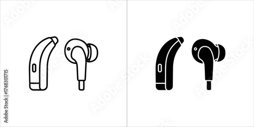 Two wired earphones, one white outline, one black silhouette