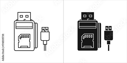 Usb flash drive with sd card reader and cable icon on
