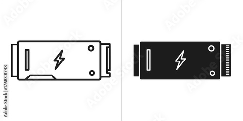 Black and white illustration of a power bank with a lightning bolt symbol