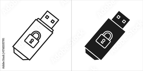 Two icons of a usb flash drive with a padlock, one outlined and one solid