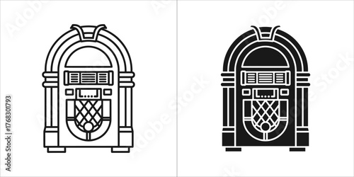 Jukebox music player in black and white outline and silhouette