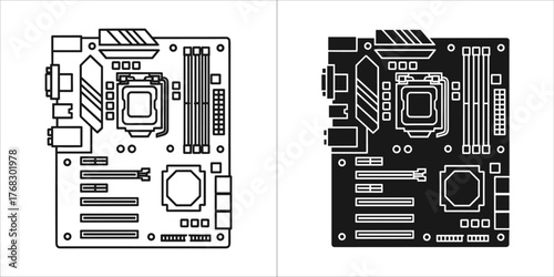 Computer motherboard icon, black and white