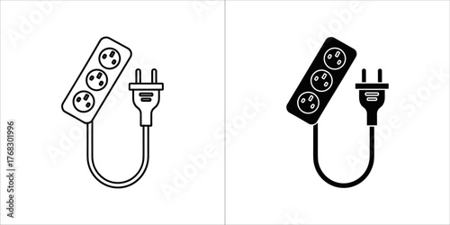 Two icons of a power strip and plug, one outline and one solid