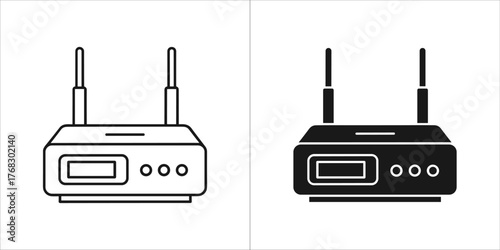 Two icons of a wireless router, one outlined and one filled