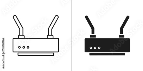 Two icons of a wireless router with antennas, one outlined and one filled