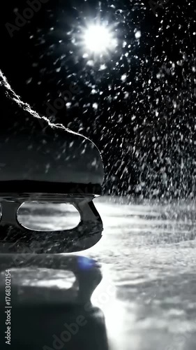 Dramatic Close-up of Ice Skate Blade with Kicking Snow on Ice