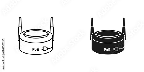 Two icons of a circular wireless router with poe label, one outlined and one filled