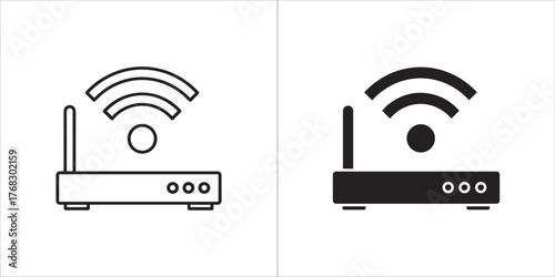 Line art and solid black icon of a router with antenna and wifi signal