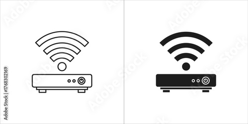 Line art and solid black icon of a router with wifi signal