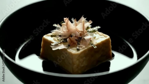Gourmet Japanese Tofu Dish Garnished with Katsuobushi and Nori