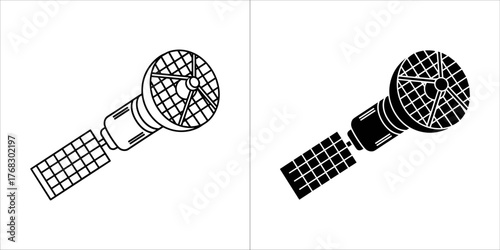 Two icons of a satellite, one black and white