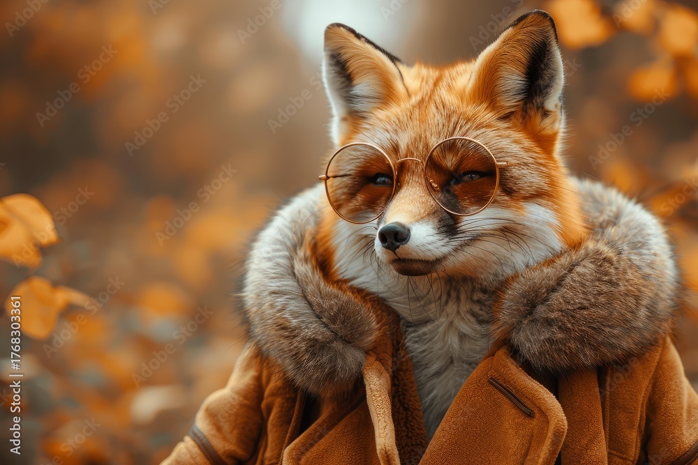 Obraz premium Stylish fox with round glasses and a warm coat posing in a beautiful autumn forest