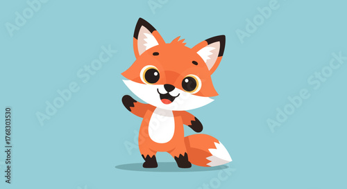 A friendly cartoon baby fox character stands and waves a greeting. Cute smiling orange forest animal mascot for children's design on a blue background