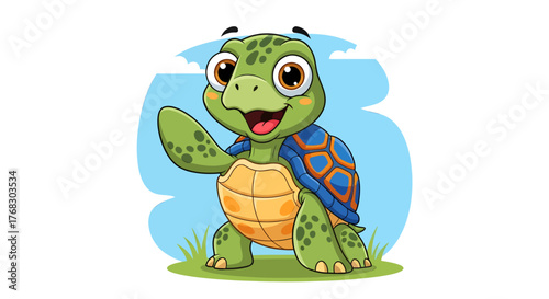 Cute Cartoon Turtle Waving Hello with a Friendly Expression Against a White Backdrop