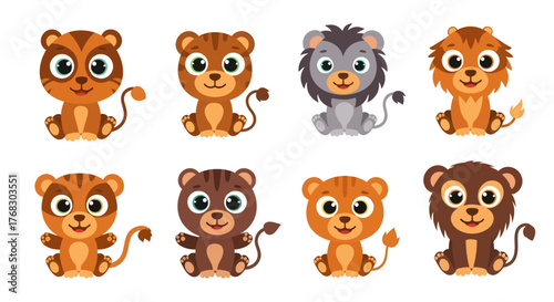 Collection of Cute Cartoon Big Cats and Monkey Illustrations for Children's Designs and Educational Materials