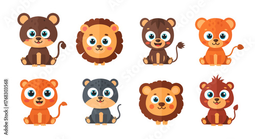 Adorable Cartoon Animals Lion, Bear, and Feline Characters in Cute Poses for Design