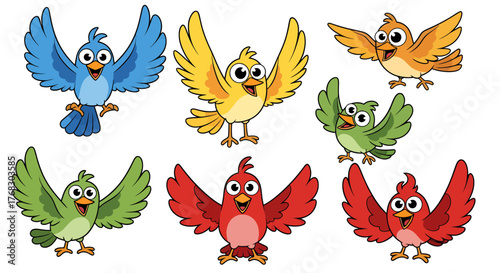 Seven charming and colorful cartoon birds with outstretched wings and joyful expressions, presented in a delightful illustration style, perfect for engaging children's content or lively graphic design