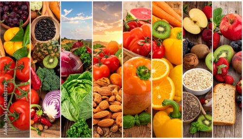 food collage of various fruits and vegetables