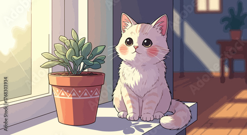 Adorable fluffy white kitten with big eyes sitting next to a potted plant.
