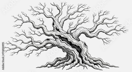 Ancient Leafless Tree with Twisted Branches and Gnarled Trunk.