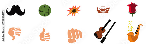 A set of colorful vector icons depicting a mustache, basketball, explosion, crown, rose, thumbs down, thumbs up, fist, violin, and saxophone, perfect for diverse design projects.