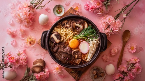 lat lay of sukiyaki hot pot ingredients styled artistically