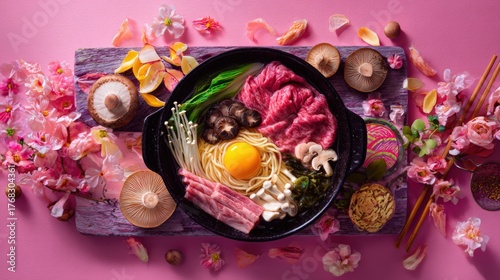 lat lay of sukiyaki hot pot ingredients styled artistically