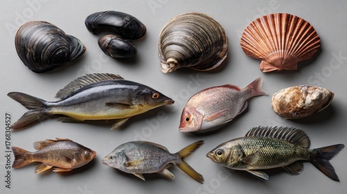 seafood, shrimp, mussels, squid, octopus, oysters, photo on white background 