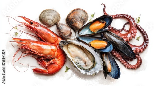 seafood, shrimp, mussels, squid, octopus, oysters, photo on white background 