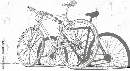 Bicycle leaning against a wall with a prominent shadow.