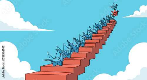 Blue birds on a red staircase reaching for a red pot.