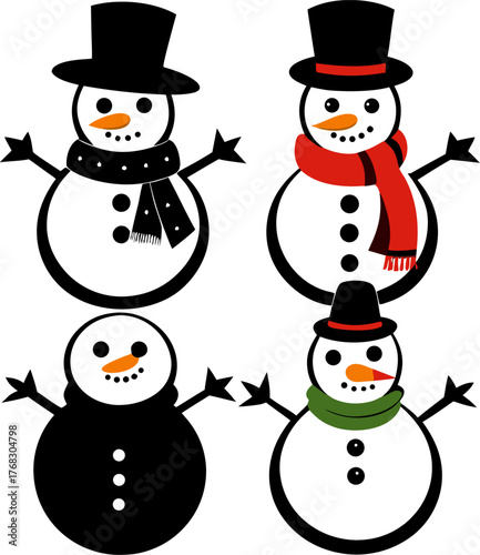  Different styles of snowmen with hats, scarves, and carrot noses ,black Silhouette  , white background 
