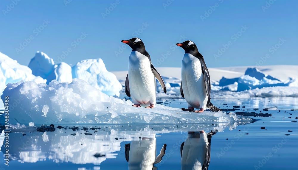 Fototapeta premium Two penguins stand on ice, reflecting in the water under a bright blue sky with iceberg backdrop