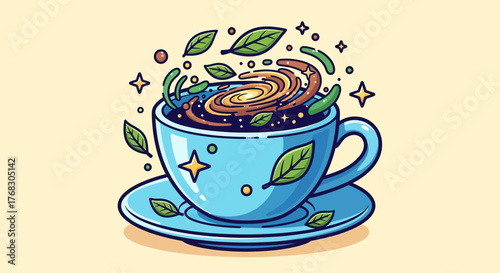 Cosmic Tea Cup with Swirling Galaxy and Floating Leaves.