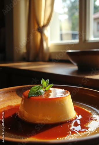 A velvety, golden-brown Bánh Flan, its caramel glaze pooling luxuriously around the base