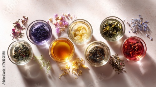 Colorful assortment of herbal teas and flowers arranged on a light surface