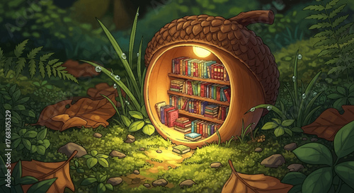 Cozy Acorn Library Illuminated in a Forest Clearing.
