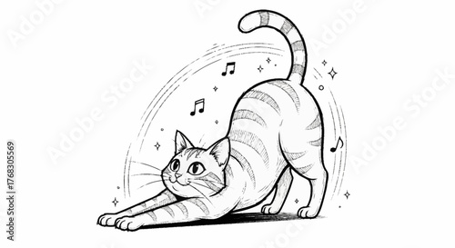 Cute Cat Stretching with Musical Notes and Stars.