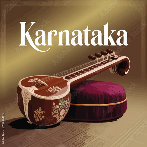 Karnataka Traditional Music Instrument Illustration with Veena