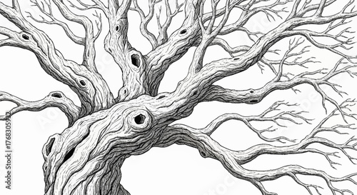Detailed Ink Drawing of an Ancient Gnarled Tree Trunk and Branches.