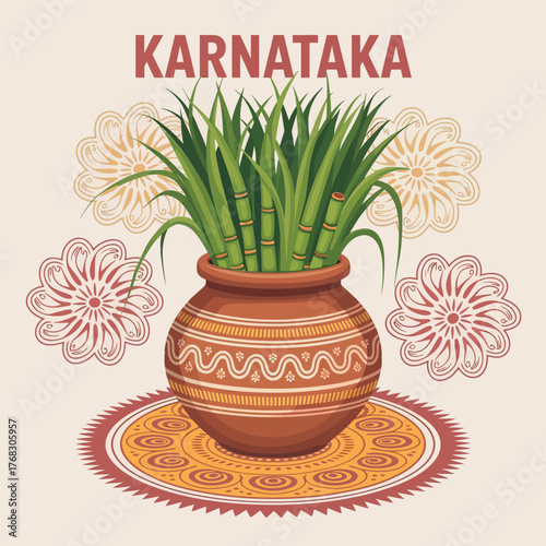 Karnataka Cultural Illustration with Decorative Pot, Grass, and Flowers